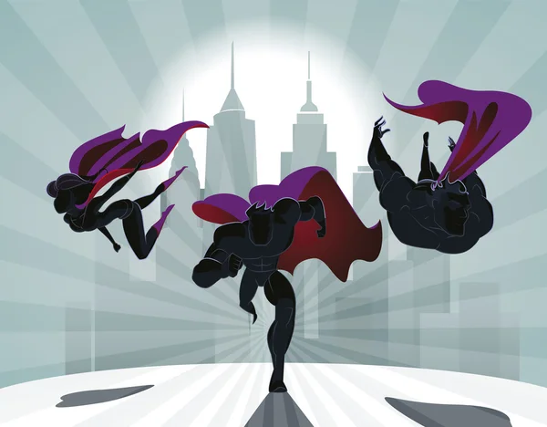 Tim Superhero; Tim superhero, terbang dan berlari di depan - Stok Vektor