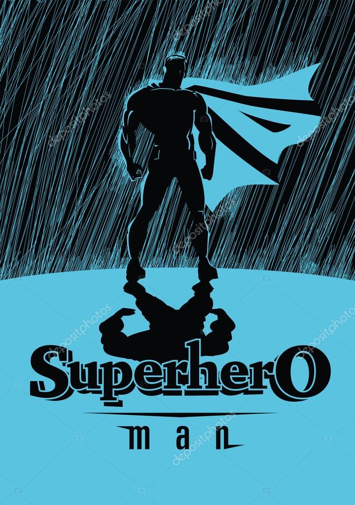 Superhero in rain: Superhero watching over the city. Illustration