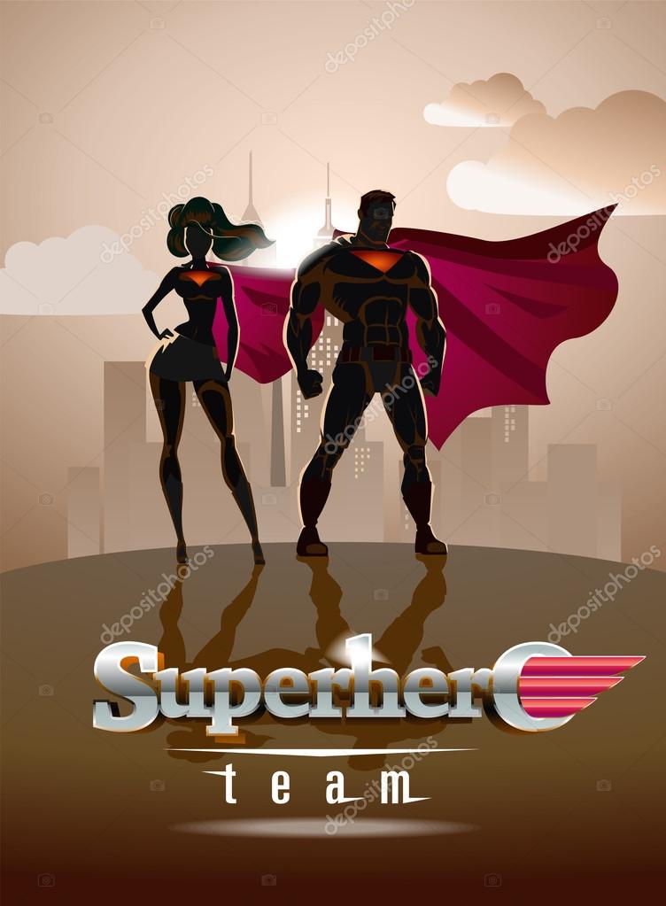 Poster. Superhero Couple: Male and female superheroes, posing in front of a light. City background.