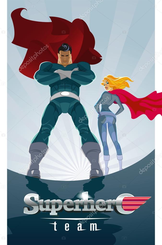 Superhero Couple: Male and female superheroes on a skyscraper roof with sunlight city background