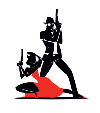 Ajan grubu ile. Kameraya poz. Kırmızı dre cinsel kadın