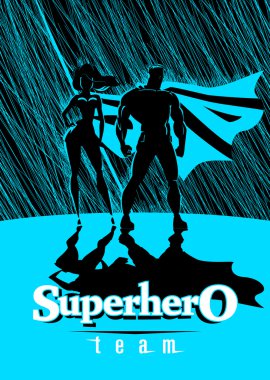 Süper kahraman çift: önünde poz o erkek ve kadın süper kahramanlar,