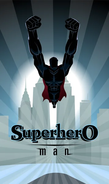 Superhero terbang di depan latar belakang perkotaan . - Stok Vektor