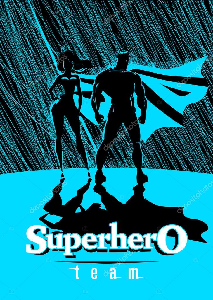 Superhero Couple: Male and female superheroes, posing in front of a light. Rain background. Vector illustration