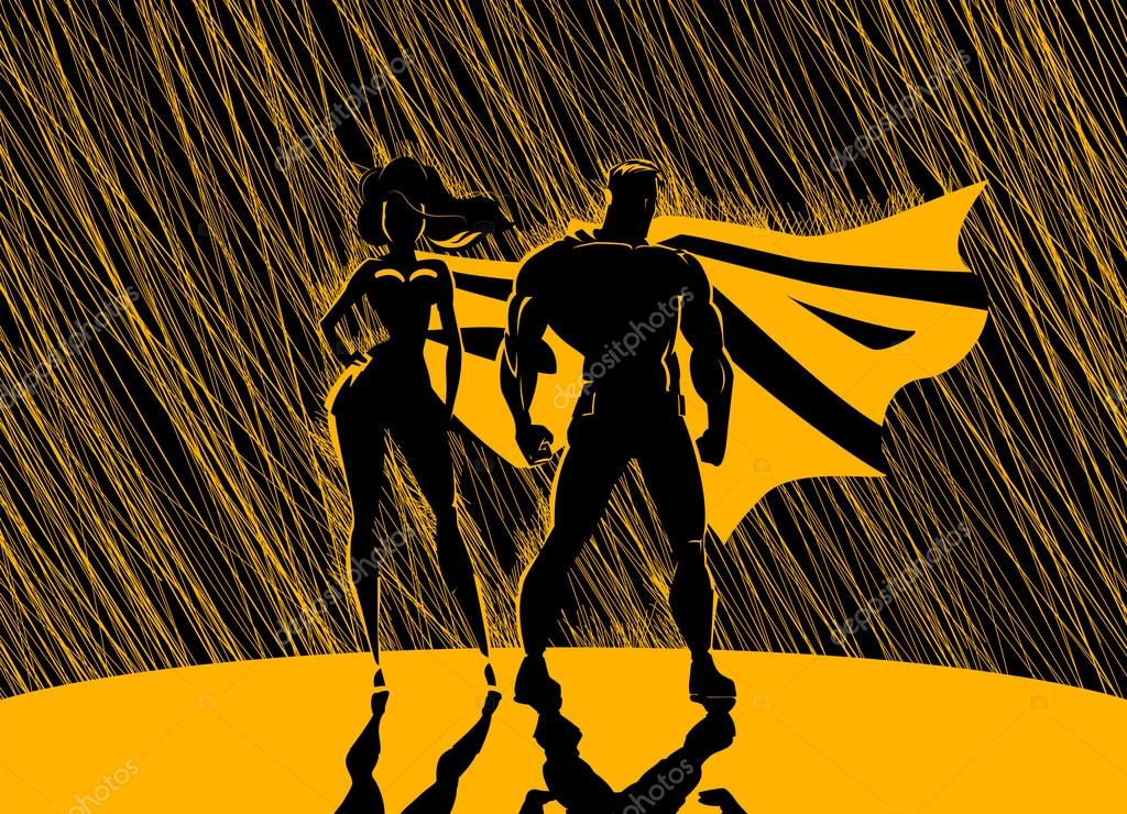 Superhero Couple: Male and female superheroes, posing in front of a light. Rain background.