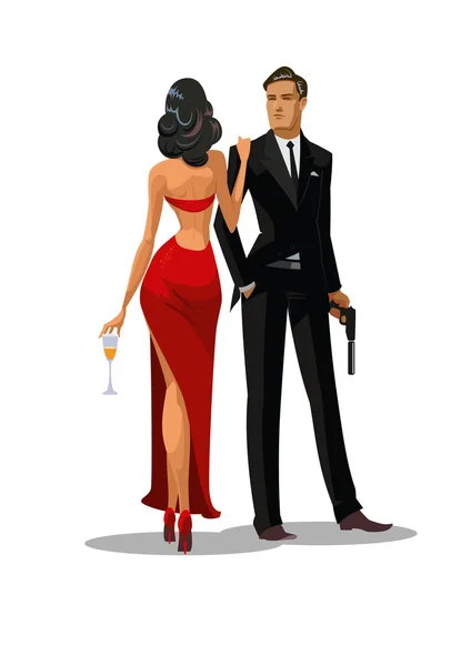 Secret Agent with gun and glass. Woman in red turned his back to — Stock Vector