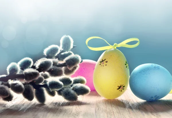 Colorido páscoa ovos e bichano-salgueiro no fundo azul — Fotografia de Stock