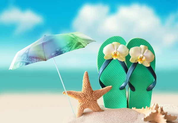 Plaj şemsiyesi. Deniz yıldızı ve kumlu sahil şeridi üzerinde flip flop