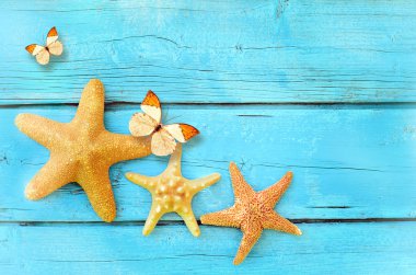 Deniz yıldızı ve kelebek mavi ahşap arka plan üzerinde. Yaz konsepti.