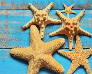 Denizyıldızı ahşap mavi arka plan üzerinde.