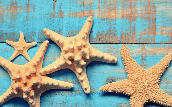 Denizyıldızı ahşap mavi arka plan üzerinde.
