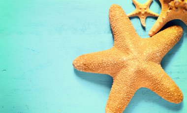 Denizyıldızı ahşap mavi arka plan üzerinde.