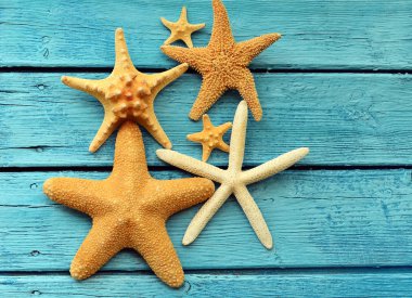 Mavi ahşap arka planda denizyıldızı. Üstte görüntü .