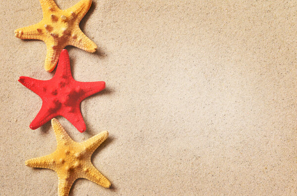 Beautiful starfishes on a sand background.