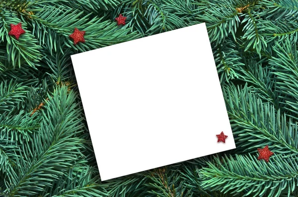 许多绿色圣诞树树枝和白纸的背景 — 图库照片