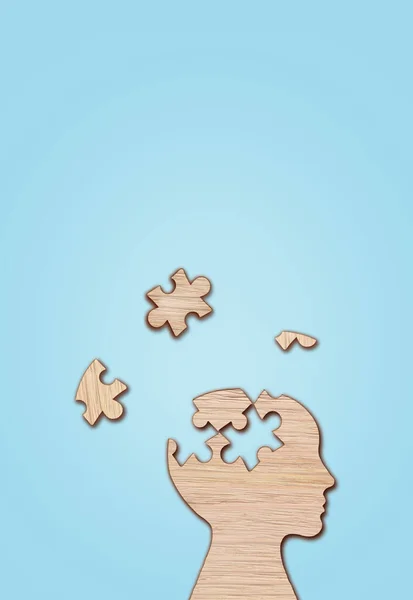 Human Head Silhouette Jigsaw Piece Cut Out Blue Background Mental — Stock Photo, Image