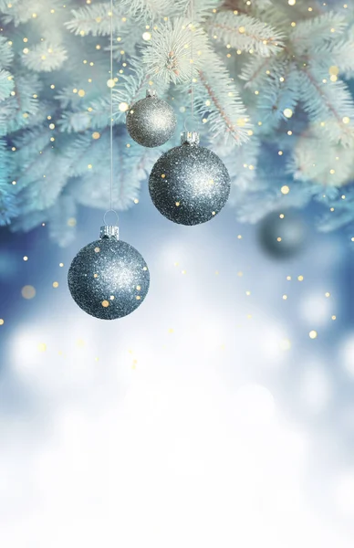 Christmas Balls Blue Christmas Tree Branch Blurred Shiny Background Space — Stock Photo, Image