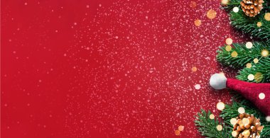 Kırmızı arka plan, köknar dalları ve Noel Baba şapkası. Noel süsü. Tatil kavramı.