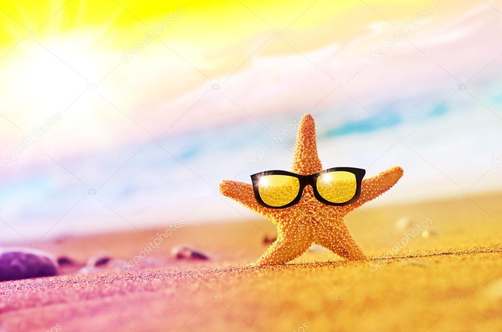 Summer beach. starfish in sunglasses 