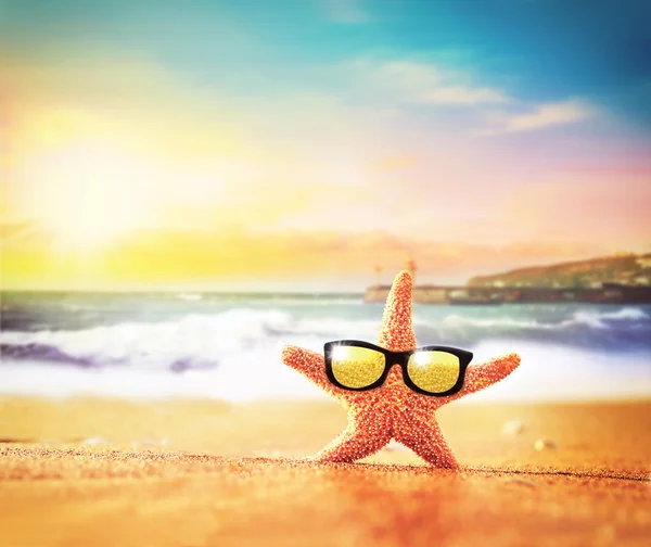 Strandtól. Tengeri csillag napszemüveg a tengerparton. — Stock Fotó