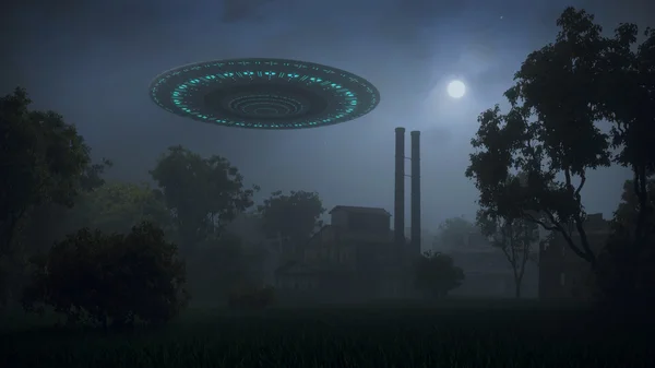 Ufo über einer alten verlassenen Fabrik — Stockfoto