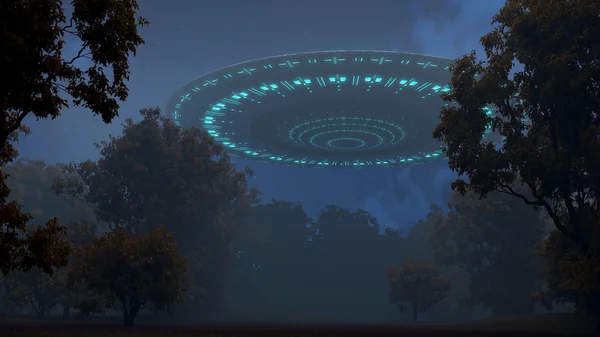 UFO i natt skog — Stockfoto