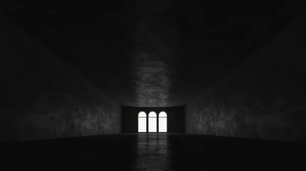 Three windows in a huge dark room — Stock Photo, Image