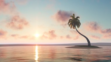 Oasis bir göl ve çölün ortasında bir palmiye ağacı