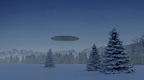 UFO in the mountains above the snow-covered forest Stock Picture