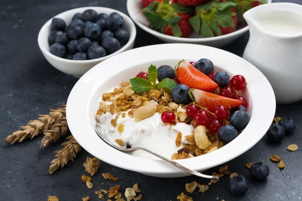 A friss bogyós gyümölcsök és joghurt a reggeli sült müzli — Stock Fotó