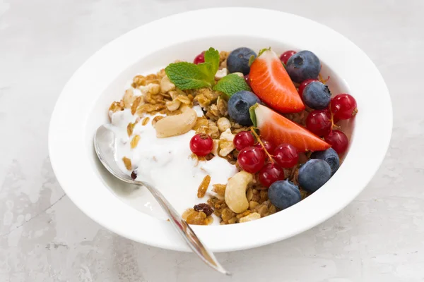 Gebakken muesli met verse bessen en yoghurt — Stockfoto