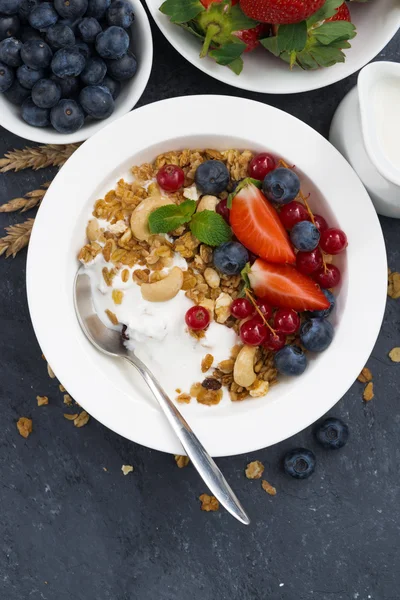 Muesli al horno con bayas frescas, yogur y fondo oscuro — Foto de Stock