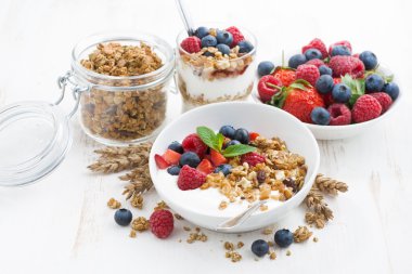 sağlıklı kahvaltı doğal yoğurt, müsli ve çilek ile