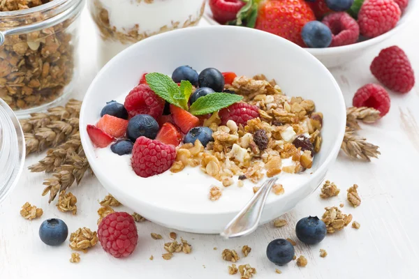 Desayuno saludable con yogur natural, muesli y bayas frescas —  Fotos de Stock