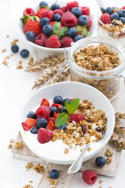 Gezond ontbijt met natuurlijke yoghurt, muesli en bessen — Stockfoto