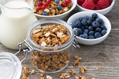 Cam Kavanoz granola, süt ve taze çilek ile