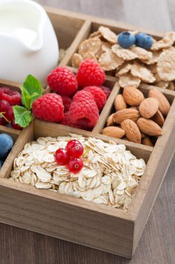 Kahvaltı öğeleri - yulaf ezmesi, granola, fındık, çilek kutusu