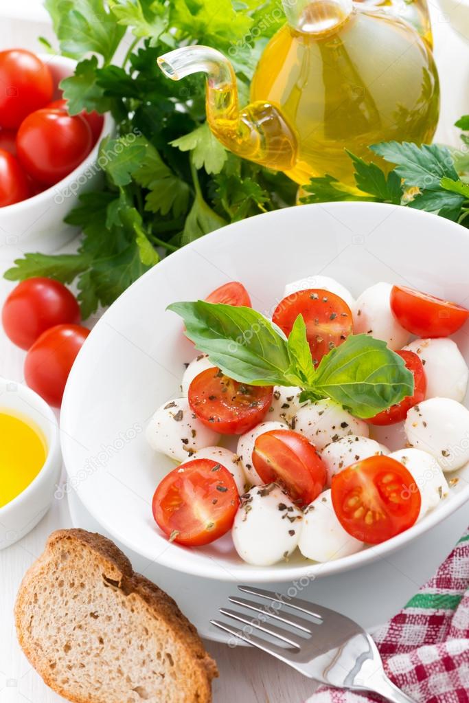 fresh salad with mozzarella and cherry tomatoes, top view