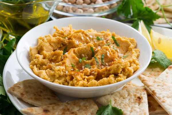 Skål med arabiska sås hummus med tunnbröd — Stockfoto