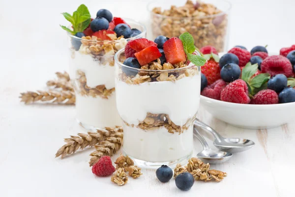 Gezonde dessert met natuurlijke yoghurt, muesli en bessen — Stockfoto