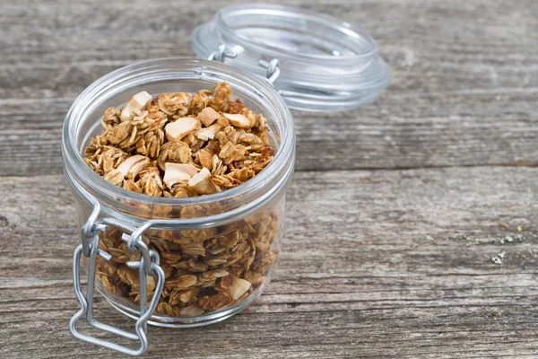 Jar with homemade granola — Stock Photo, Image