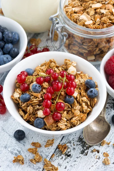 Muesli casero y bayas frescas sobre fondo de madera blanca —  Fotos de Stock