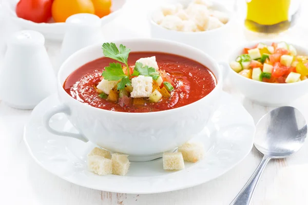 Gazpacho w misce biały — Zdjęcie stockowe