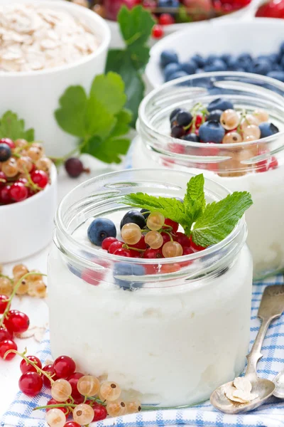 Yogurt con bayas y productos para un desayuno saludable de cerca — Foto de Stock