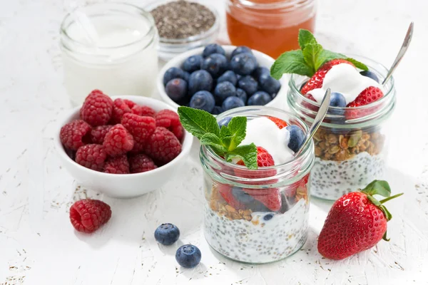 Frukost i en burk med chia, bär och havre flingor, ovanifrån — Stockfoto