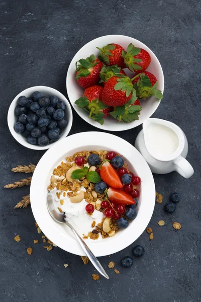 Muesli assado com bagas frescas e iogurte para o café da manhã — Fotografia de Stock