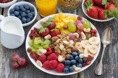 Sağlıklı bir kahvaltı - meyveler, meyve ve müsli için malzemeler