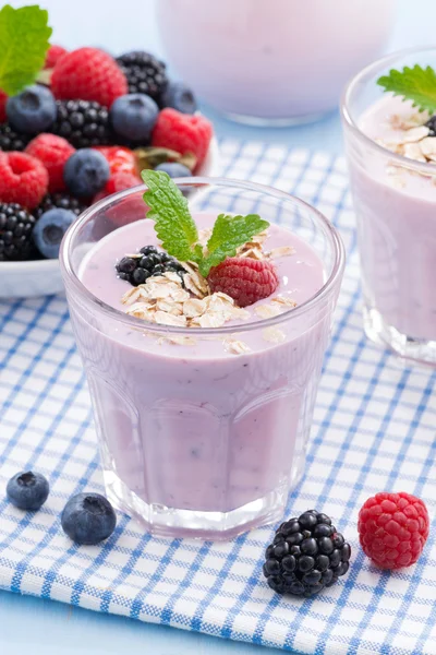 Frullati di bacche sane con farina d'avena, primo piano — Foto Stock