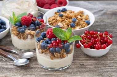 tatlı tatlı krem, taze meyveler ve granola, üstten görünüm