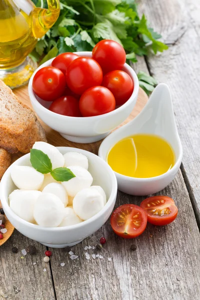 Deliciosa mozzarella e ingredientes para una ensalada en mesa de madera — Foto de Stock